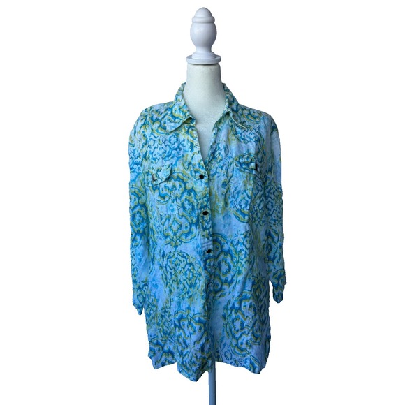 JM Collection Tops - JM Collection Linen Button Up Womens Size 14 Blue‎ Yellow Paisley Floral Coastal